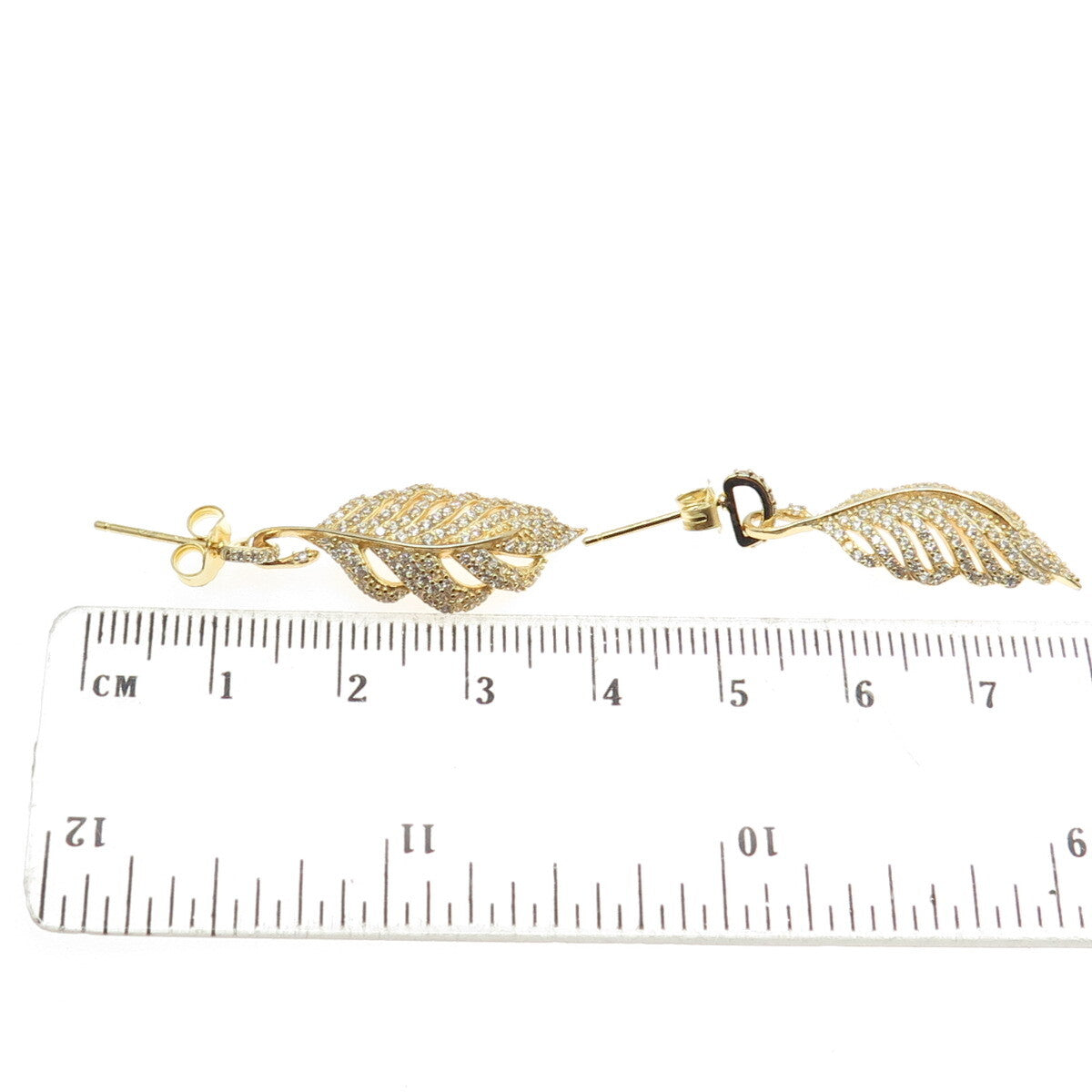 925 Sterling Silver Gold Plated Round-Cut C Z Feather Dangling Earrings