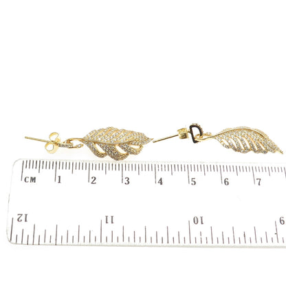 925 Sterling Silver Gold Plated Round-Cut C Z Feather Dangling Earrings