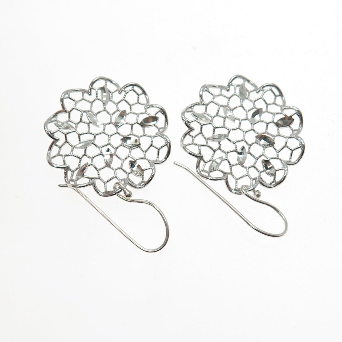 925 Sterling Silver Vintage Flower Filigree Dangle Earrings