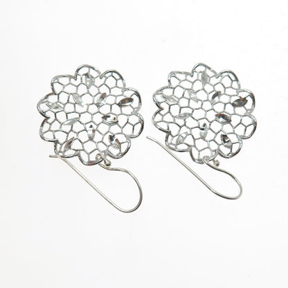 925 Sterling Silver Vintage Flower Filigree Dangle Earrings