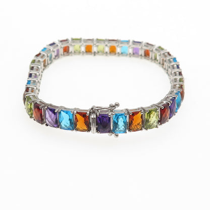 JH Young 925 Sterling Silver Real Radiant-Cut Multi-Color Gem Bracelet 6.5"