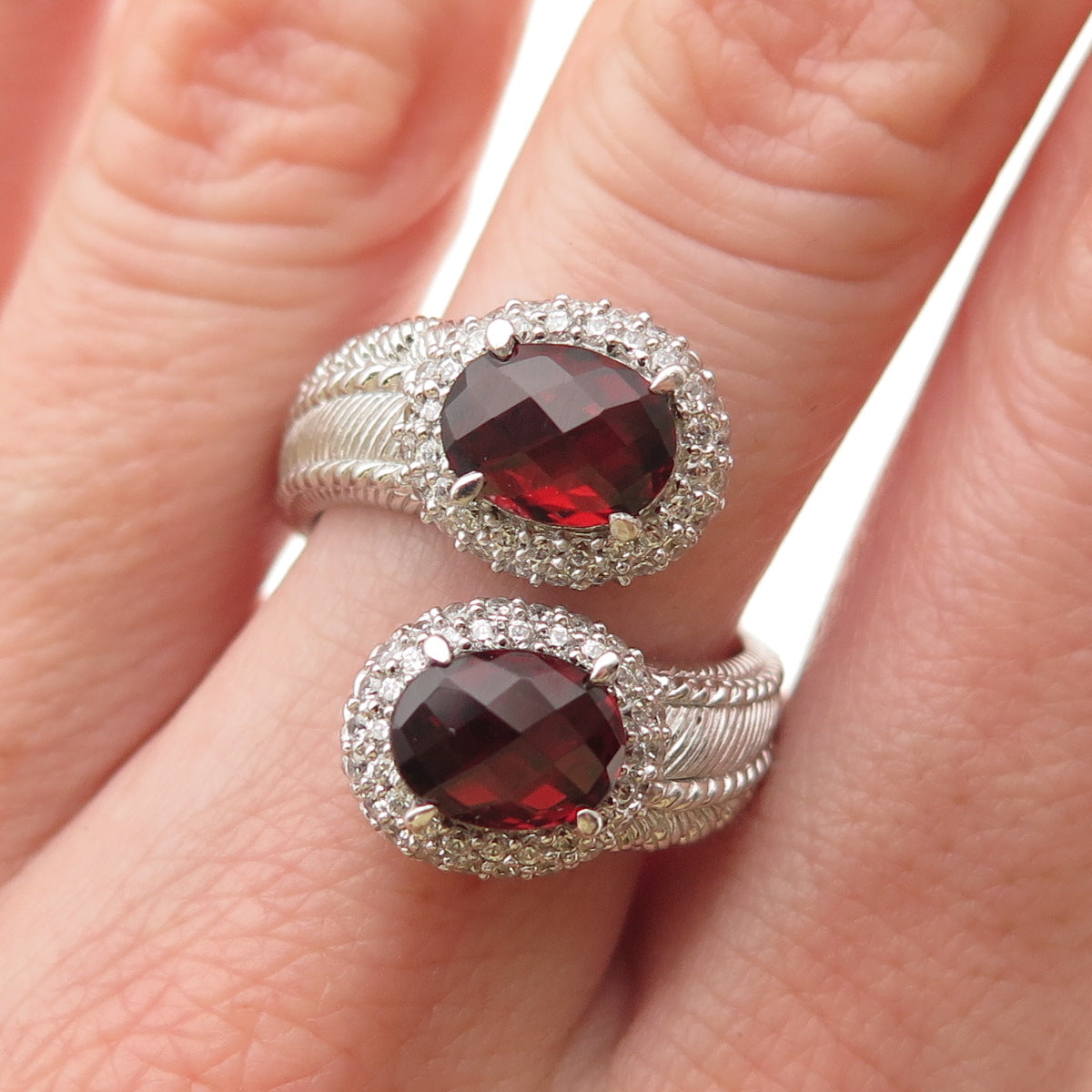 JUDITH RIPKA 925 Sterling Silver Red & White C Z Adjustable Bypass Ring Size 7.5