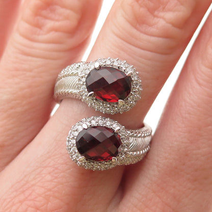 JUDITH RIPKA 925 Sterling Silver Red & White C Z Adjustable Bypass Ring Size 7.5