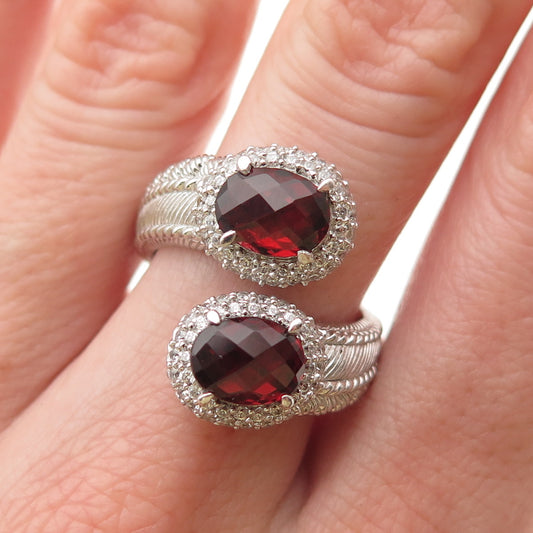 JUDITH RIPKA 925 Sterling Silver Red & White C Z Adjustable Bypass Ring Size 7.5