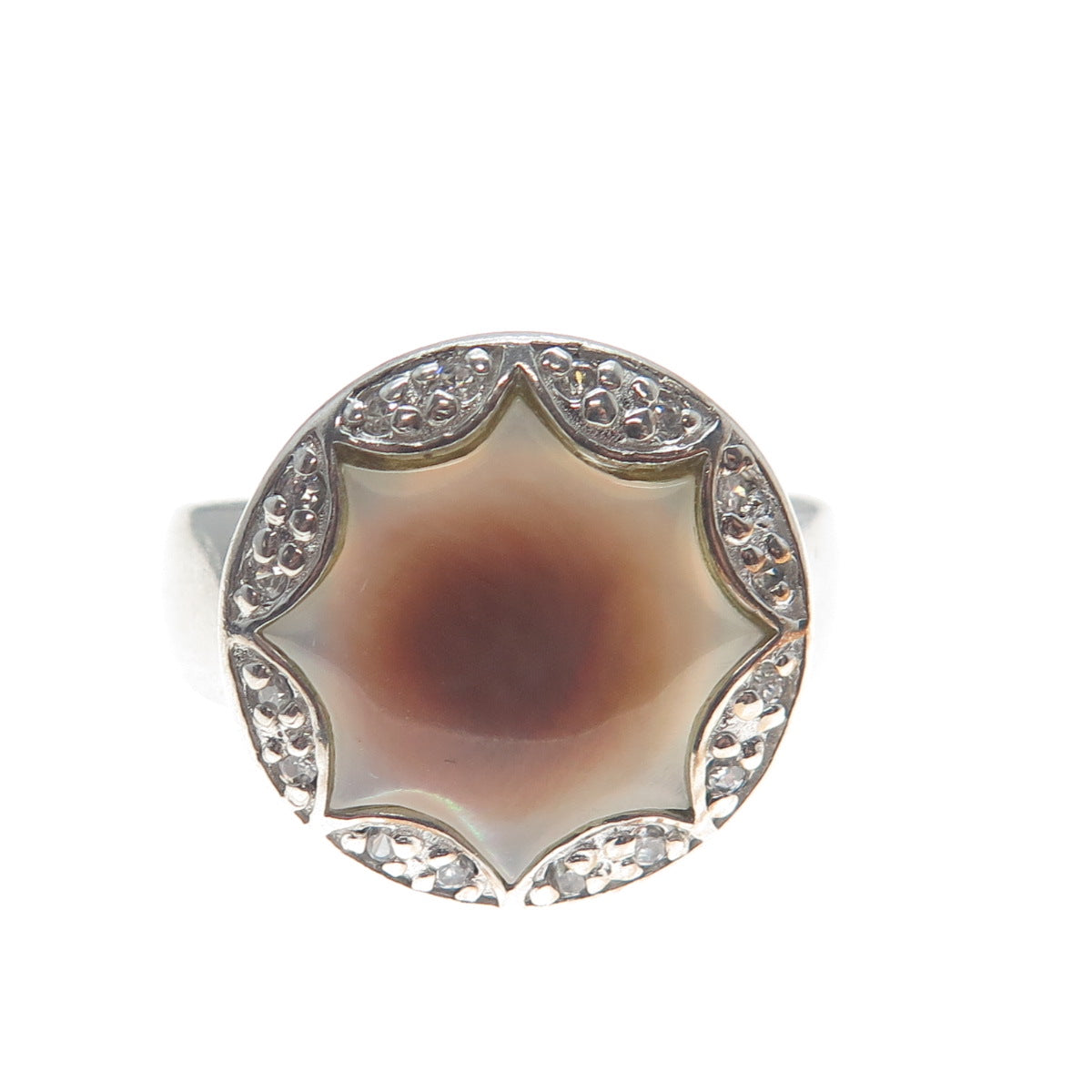 925 Sterling Silver Real Mother-of-Pearl & C Z Flower Ring Size 7.75