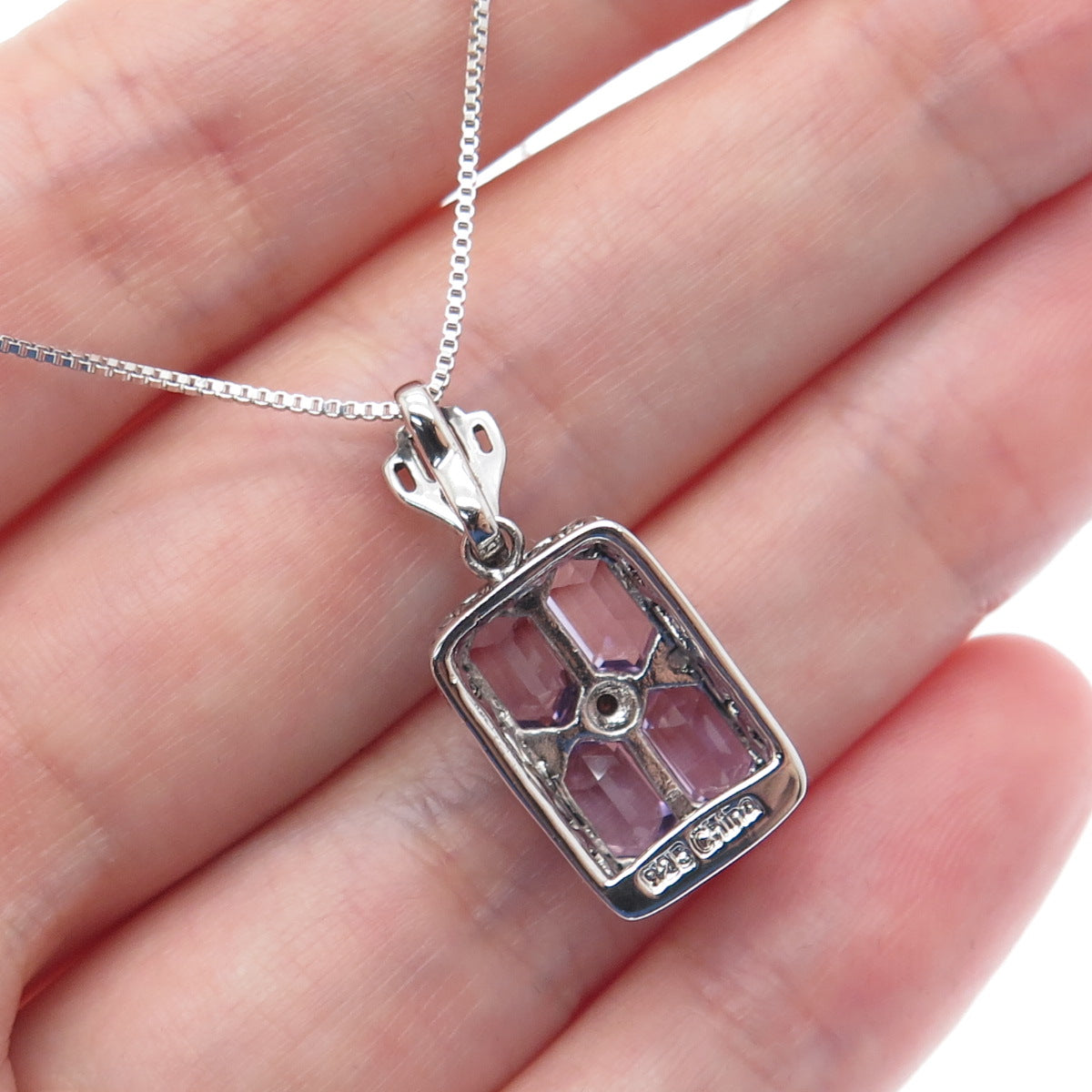 925 Sterling Silver Real Emerald-Cut Amethyst & C Z Box Chain Necklace 18"