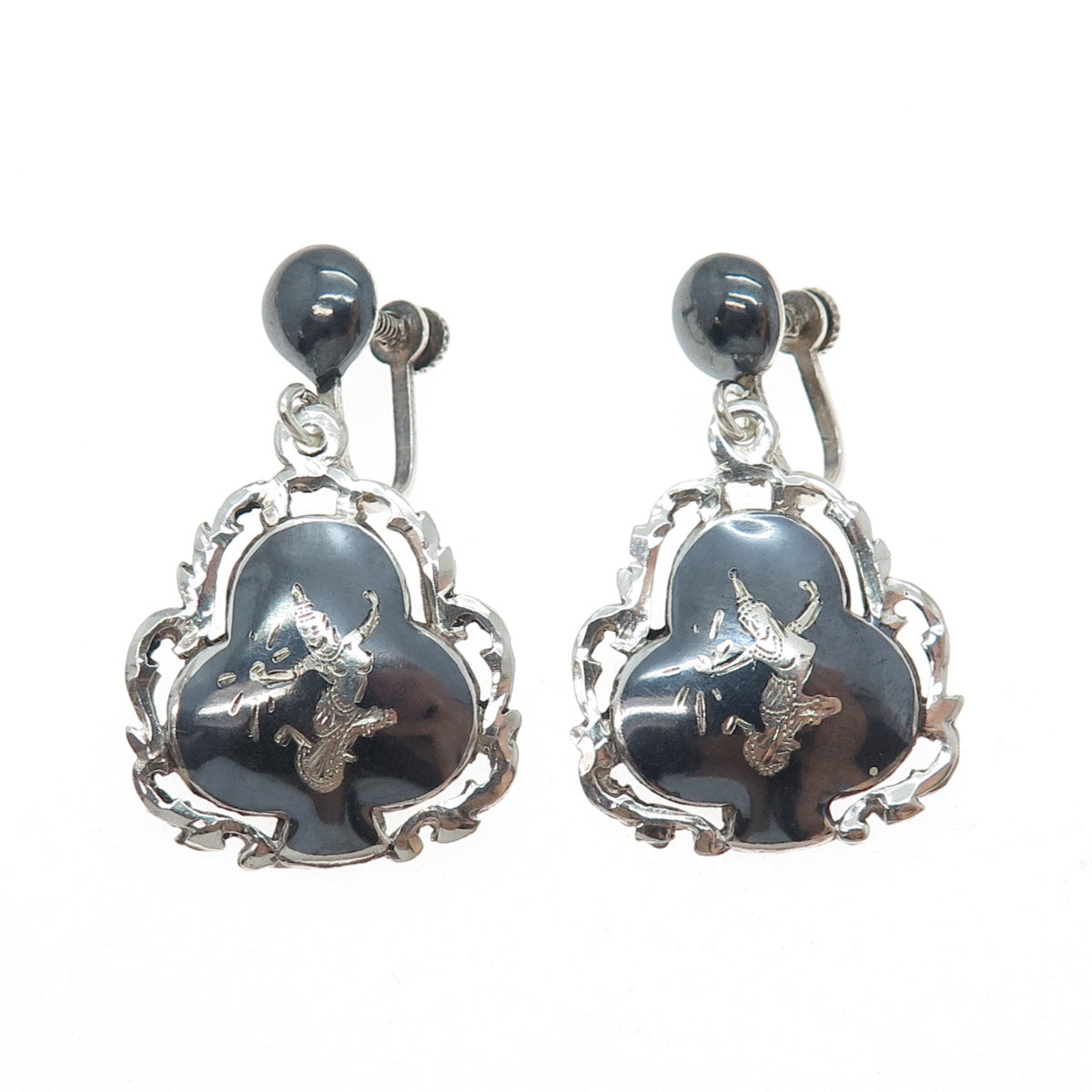 925 Sterling Silver Antique Siam Niello Hindu Goddess Screw Back Dangle Earrings