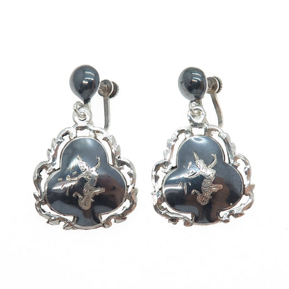 925 Sterling Silver Antique Siam Niello Hindu Goddess Screw Back Dangle Earrings