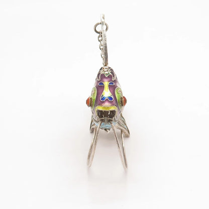 925 Sterling Silver Antique Enamel Chinese Koi Fish Articulated Chatelaine Fob