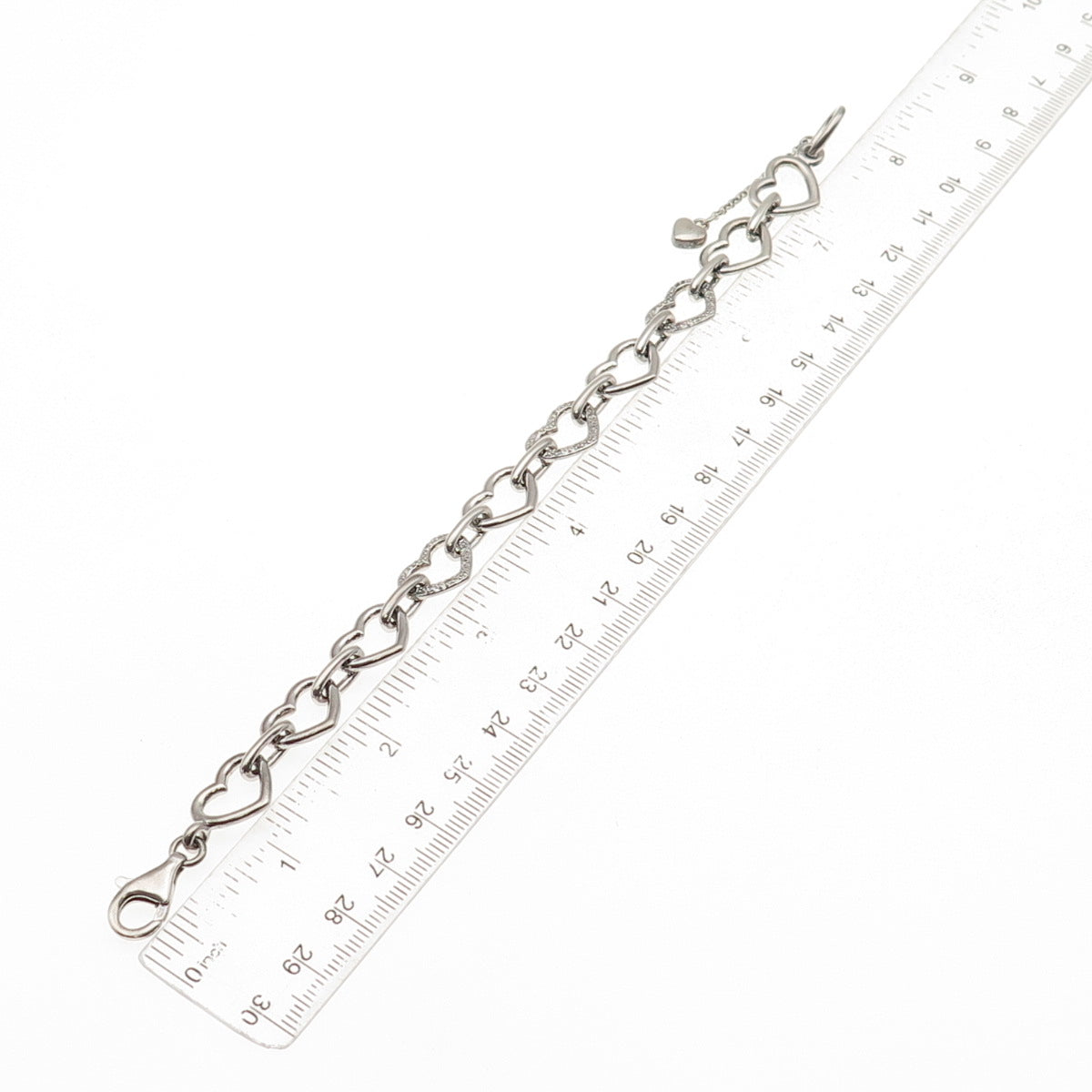 925 Sterling Silver Real Diamond Heart Link Bracelet 7.5"