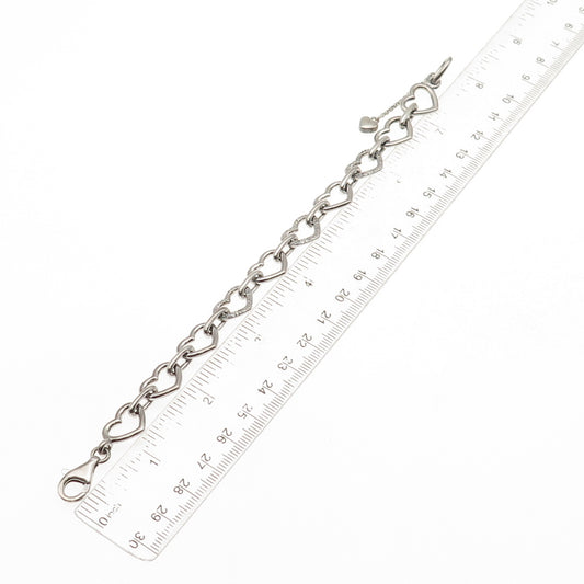 925 Sterling Silver Real Diamond Heart Link Bracelet 7.5"