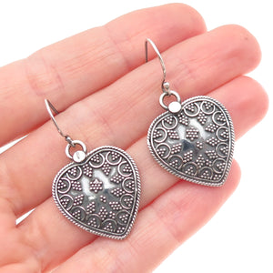 925 Sterling Silver Vintage Heart Granulated Oxidized Dangle Earrings