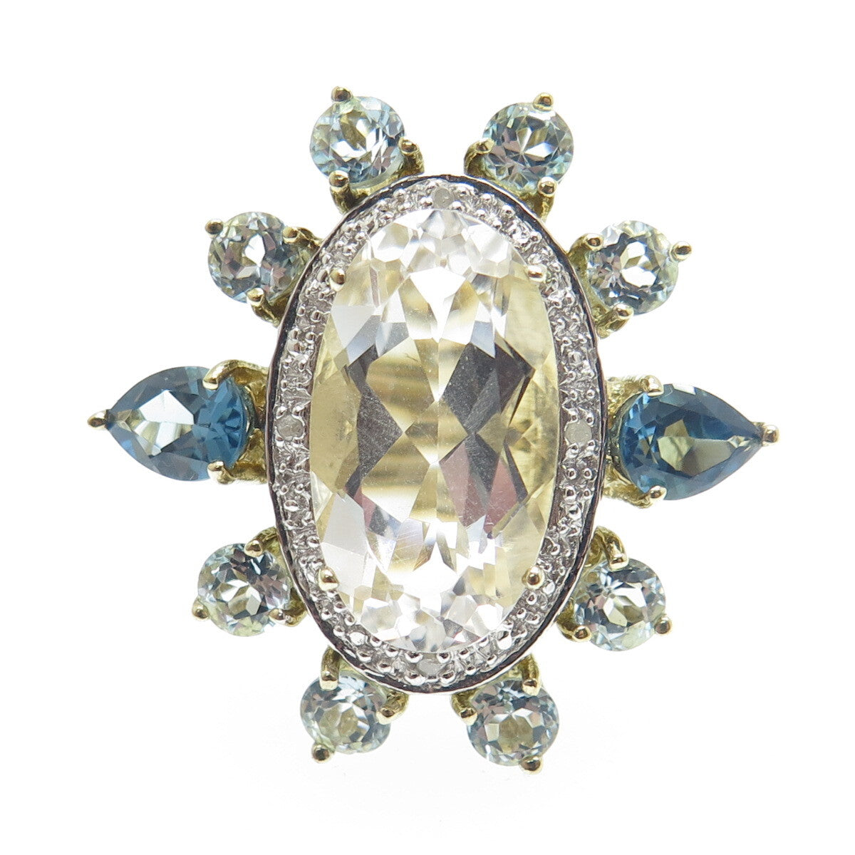 925 Sterling Gold Plated Diamond Accent London Blue & White Topaz Ring Size 7.25