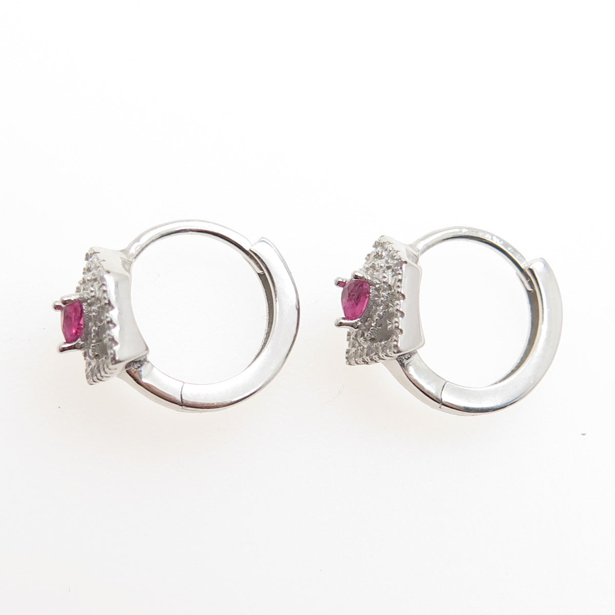 925 Sterling Silver Pink Heart-Cut & White Round-Cut Shaped C Z Hoop Earrings