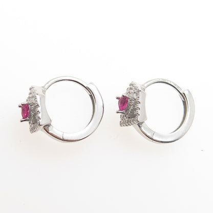 925 Sterling Silver Pink Heart-Cut & White Round-Cut Shaped C Z Hoop Earrings