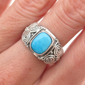 925 Sterling Silver Vintage Real Turquoise Spiral Oxidized Ring Size 6.75