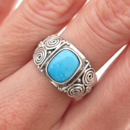 925 Sterling Silver Vintage Real Turquoise Spiral Oxidized Ring Size 6.75
