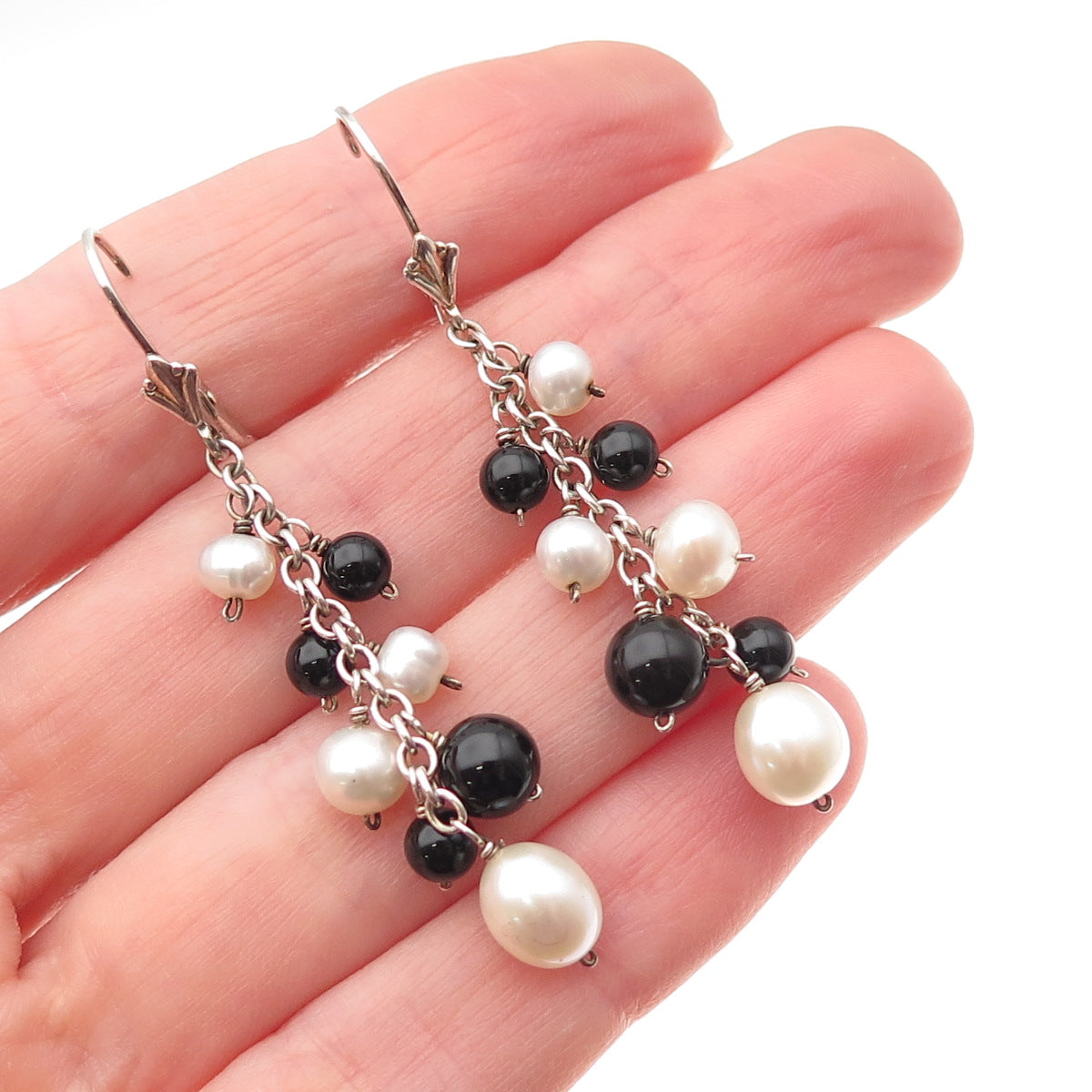 925 Sterling Silver Vintage Real Pearl & Black Onyx Ball Beads Dangle Earrings