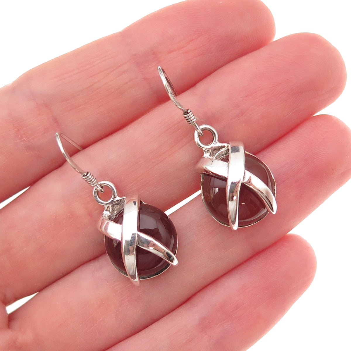 925 Sterling Silver Vintage Real Carnelian Modernist X-Shape Dangle Earrings
