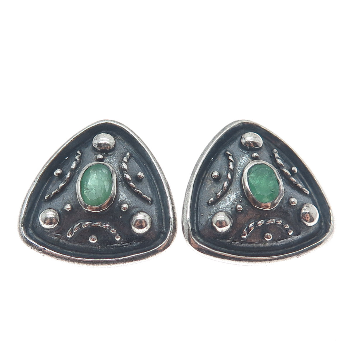 925 Sterling Silver Vintage Real Emerald Modernist Oxidized Clip On Earrings