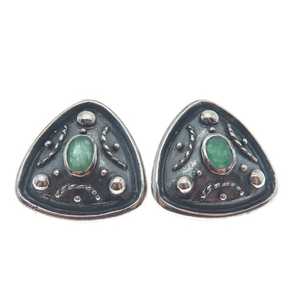 925 Sterling Silver Vintage Real Emerald Modernist Oxidized Clip On Earrings