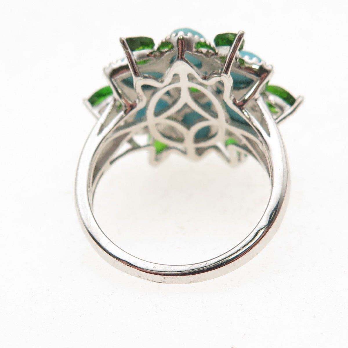 925 Sterling Silver Real Tyrone Turquoise & Peridot Floral Ring Size 8.25