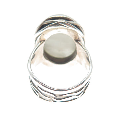 925 Sterling Silver Vintage Real Moonstone Modernist Wavy Oxidized Ring Size 8