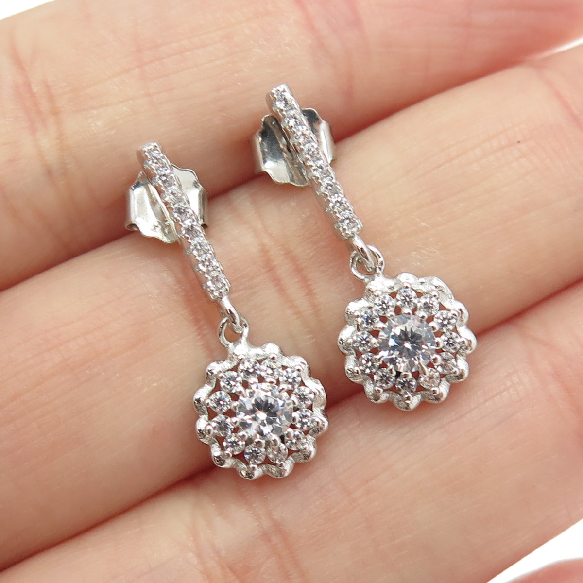 925 Sterling Silver Round-Cut C Z Floral Drop Dangling Earrings