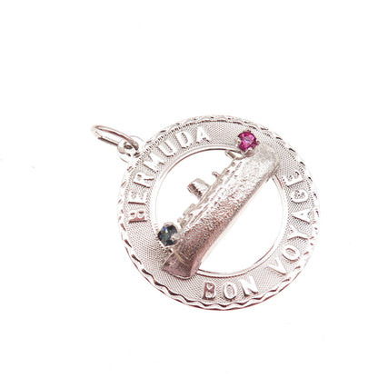 CREA 925 Sterling Silver Vintage Rhinestone Bermuda Bon Voyage Charm Pendant