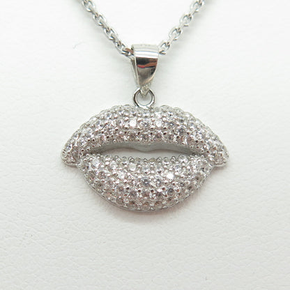 925 Sterling Silver Round-Cut C Z Lips Cable Chain Necklace 16"