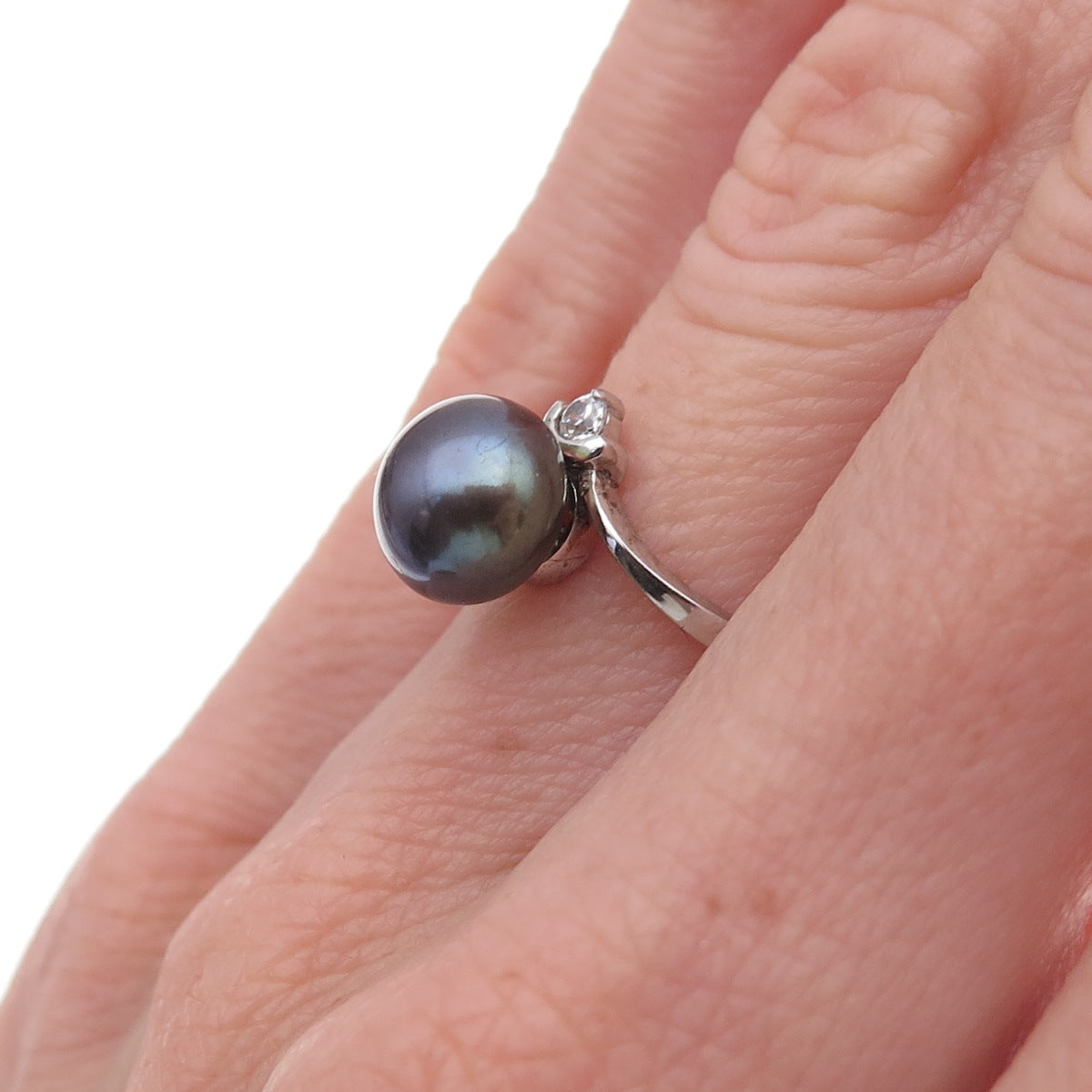 925 Sterling Silver Real Tahitian Pearl & C Z Ring Size 5.75