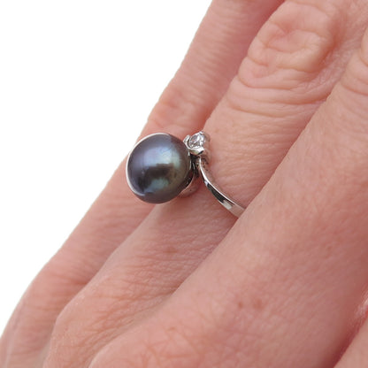 925 Sterling Silver Real Tahitian Pearl & C Z Ring Size 5.75