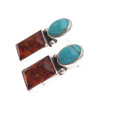 Old Pawn 925 Sterling Silver Vintage Southwestern Turquoise & Amber Earrings