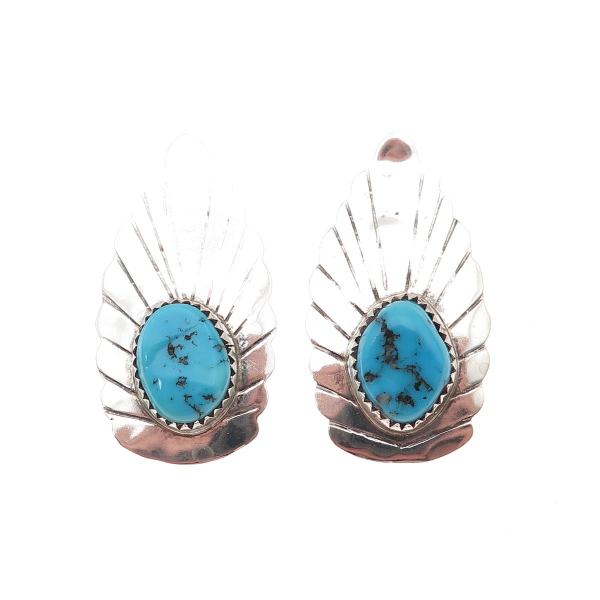 Old Pawn Sterling Silver Vintage Southwestern Turquoise Floral Clip On Earrings