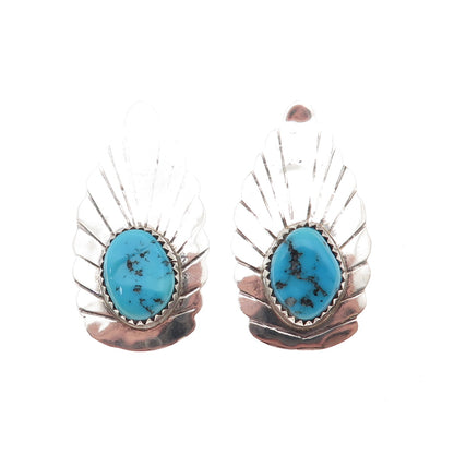 Old Pawn Sterling Silver Vintage Southwestern Turquoise Floral Clip On Earrings