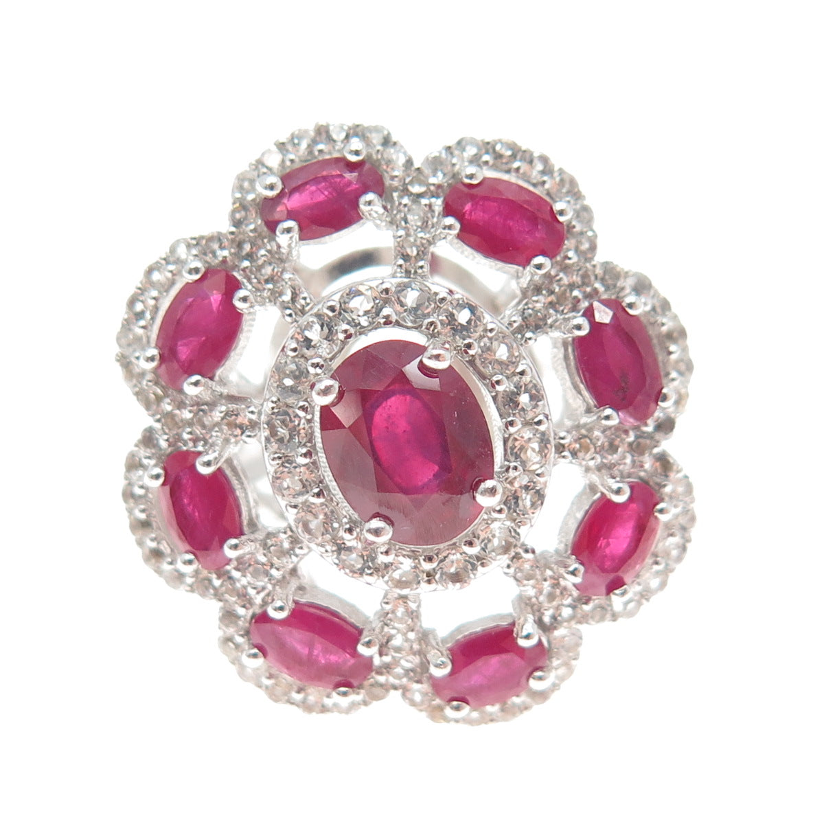 925 Sterling Silver Real Oval-Cut Ruby & Round-Cut White Topaz Ring Size 5.25