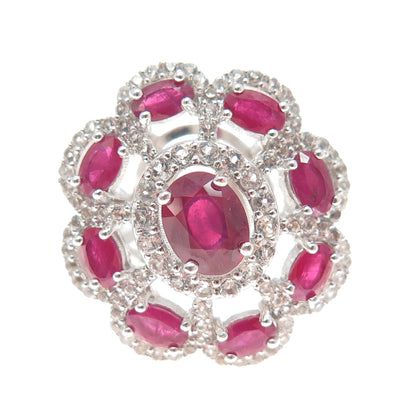 925 Sterling Silver Real Oval-Cut Ruby & Round-Cut White Topaz Ring Size 5.25