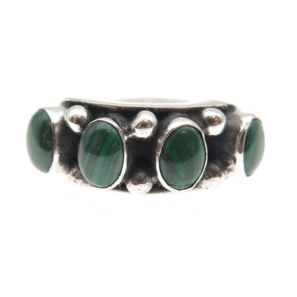 925 Sterling Silver Vintage Real Malachite Modernist Oxidized Ring Size 5.5