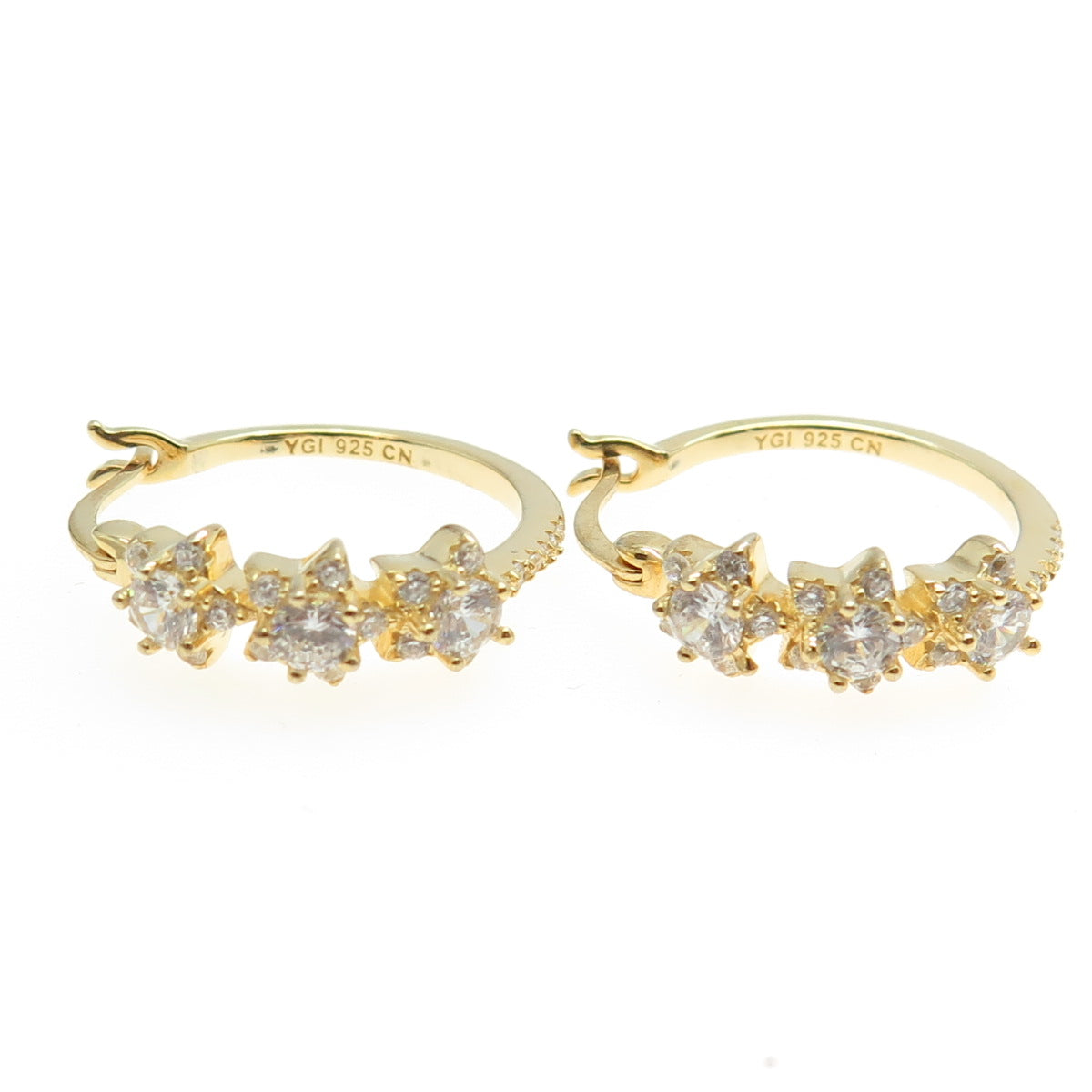 925 Sterling Silver Gold Plated Round-Cut C Z Floral Hoop Earrings