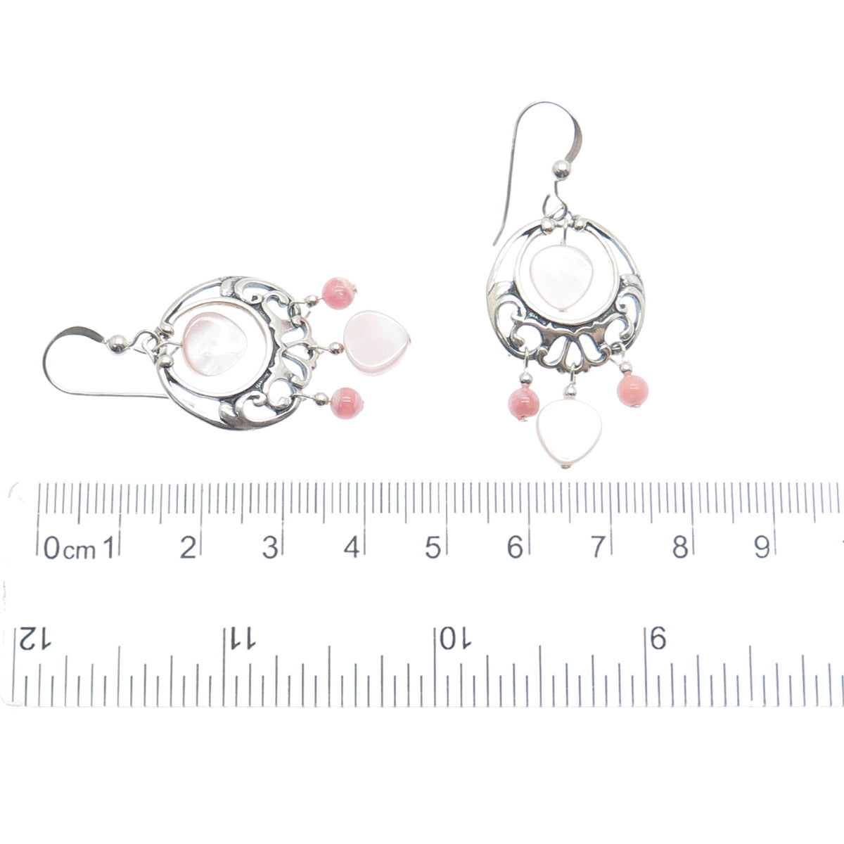 SHUBE 925 Sterling Silver Vintage Real MOP & Rhodochrosite Dangle Earrings