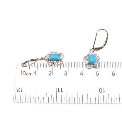 925 Sterling Silver Real Sleeping Beauty Turquoise Floral Dangle Earrings