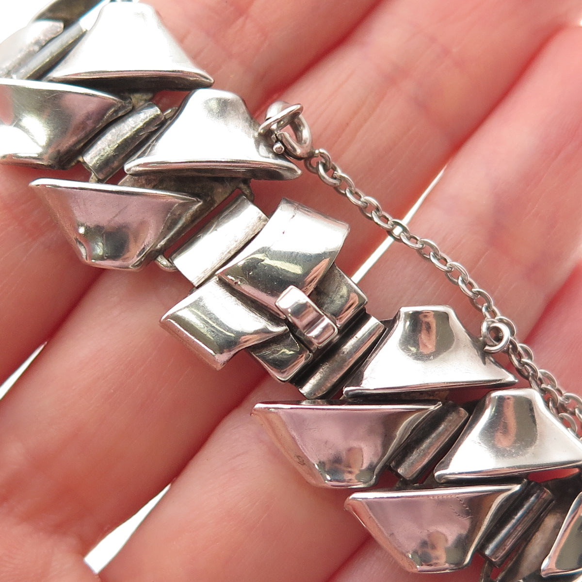 925 Sterling Silver Vintage Artisan Modernist Zeus Link Bracelet 7.75"