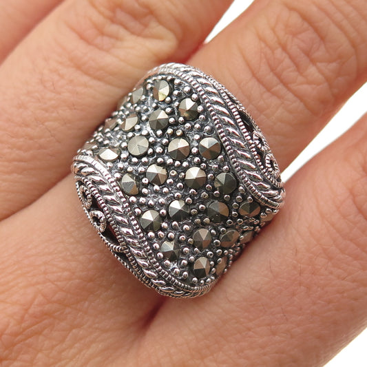 925 Sterling Silver Vintage Real Marcasite Modernist Wavy Oxidized Ring Size 8