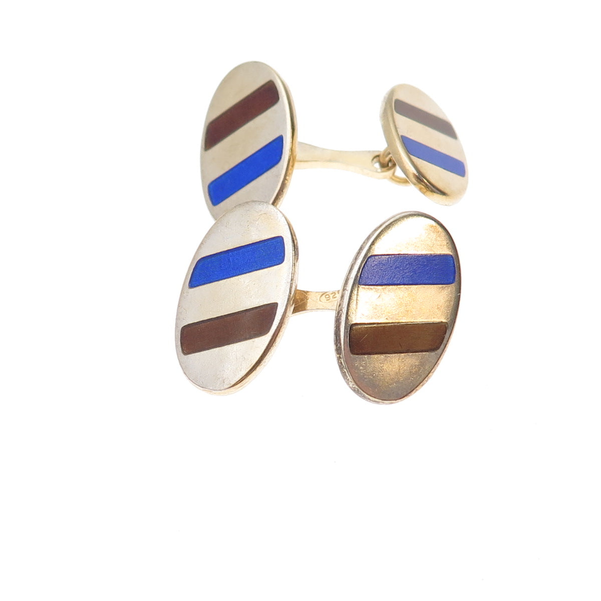 925 Sterling Silver Gold Plated Vintage Italy Enamel Oval Cufflinks