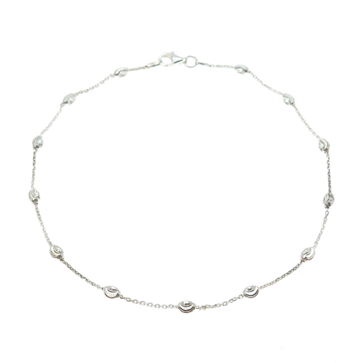 925 Sterling Silver Italy Diamond-Cut Bead Station Cable Anklet / Bracelet 10.5"