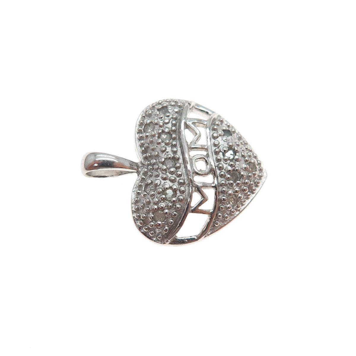 925 Sterling Silver Real Round-Cut Diamond Mom Heart Mini Charm Pendant