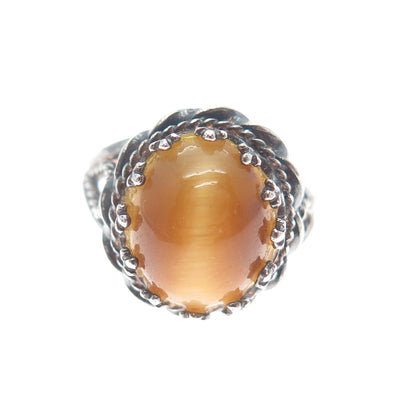 925 Sterling Silver Vintage Real Tiger Eye Crown Roped Oxidized Ring Size 6.75