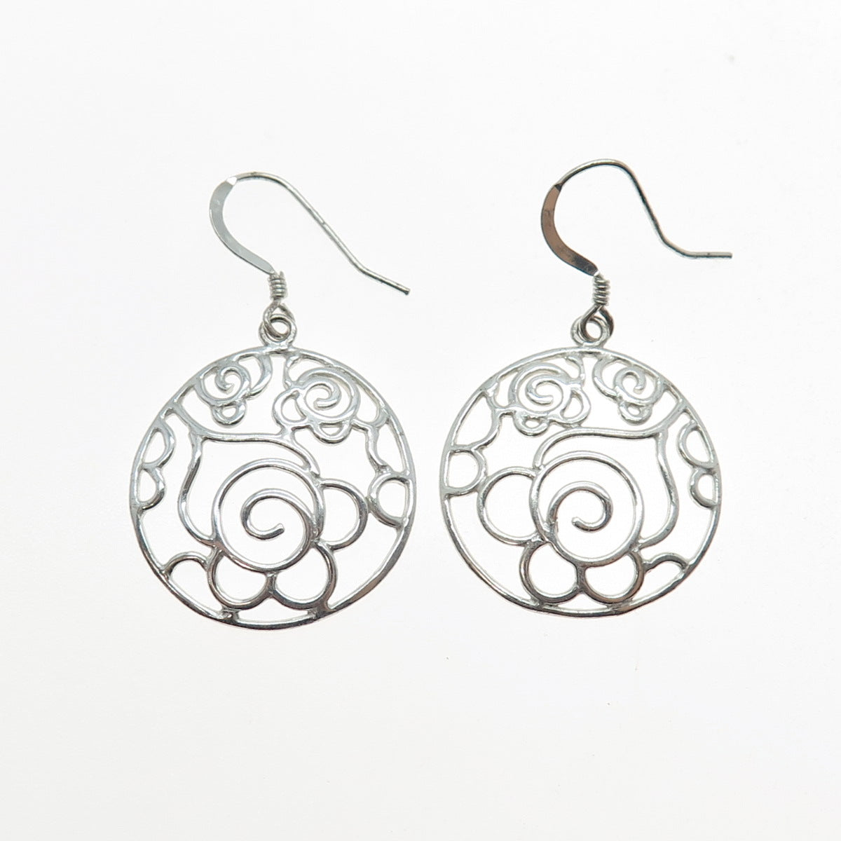 925 Sterling Silver Vintage Ornate Rose Flower Dangle Earrings
