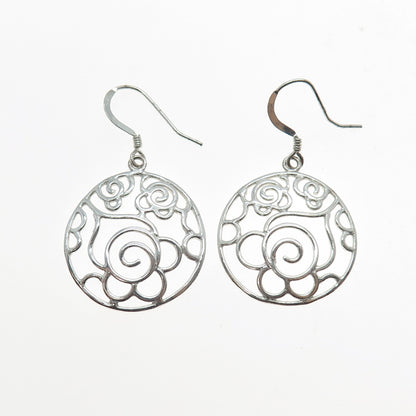 925 Sterling Silver Vintage Ornate Rose Flower Dangle Earrings