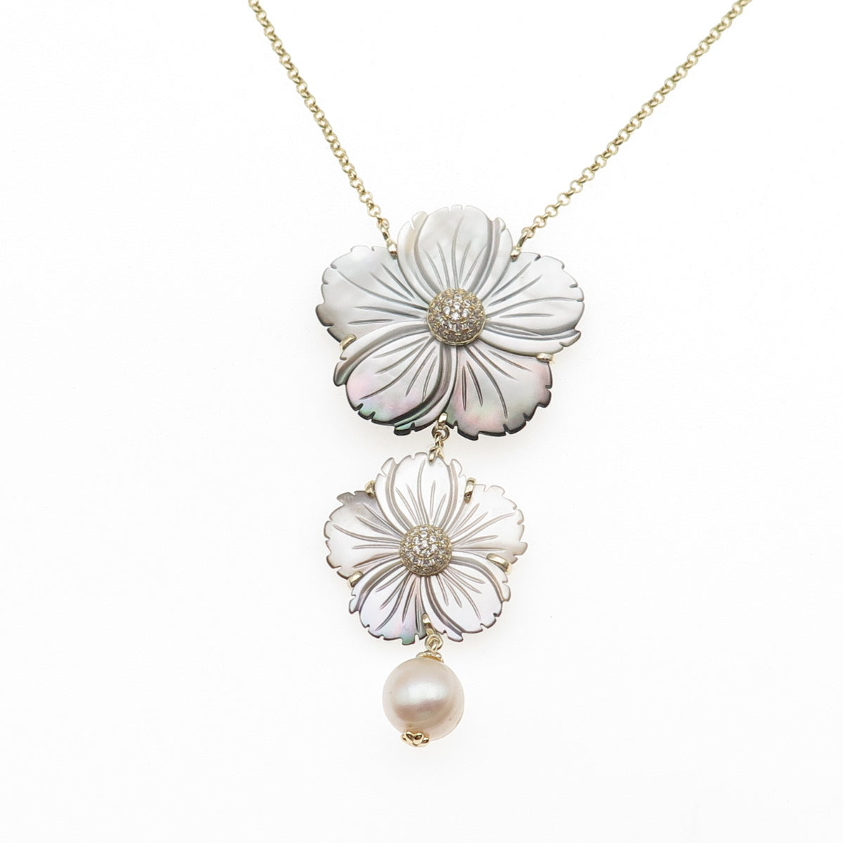 Cristina Sabatini Sterling Silver GP Pearl Abalone Shell C Z Floral Necklace 34"